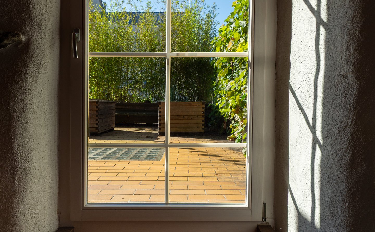 Terrasse mit gelbem Boden und grüner Bepflanzung“