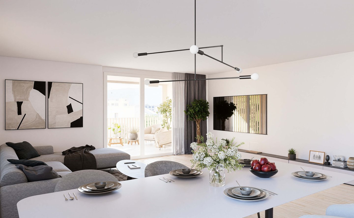 Visualisierung Wohnung mit Balkon, weiche Einrichtung