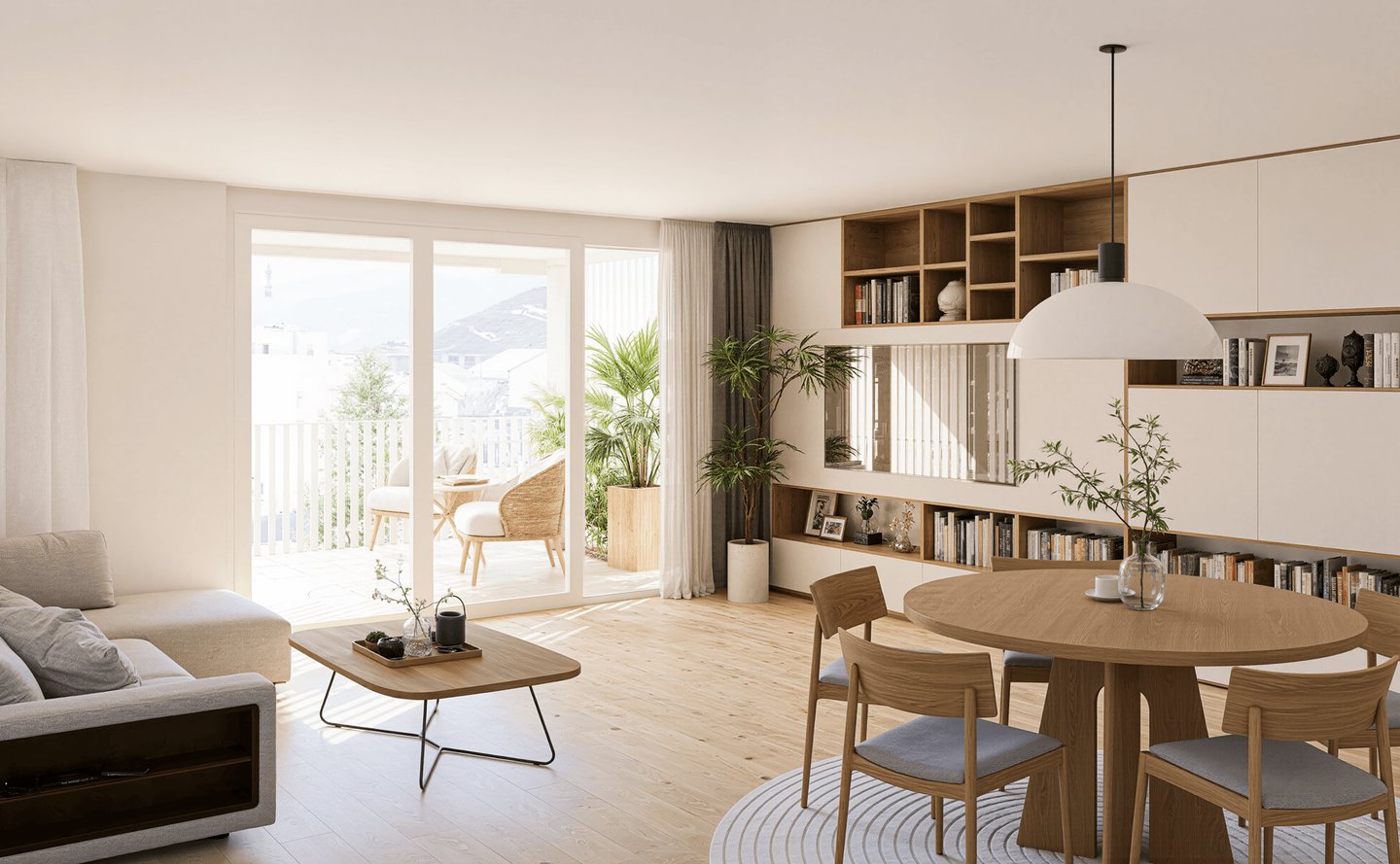 Visualisierung Wohnung mit Balkon, warme Einrichtung