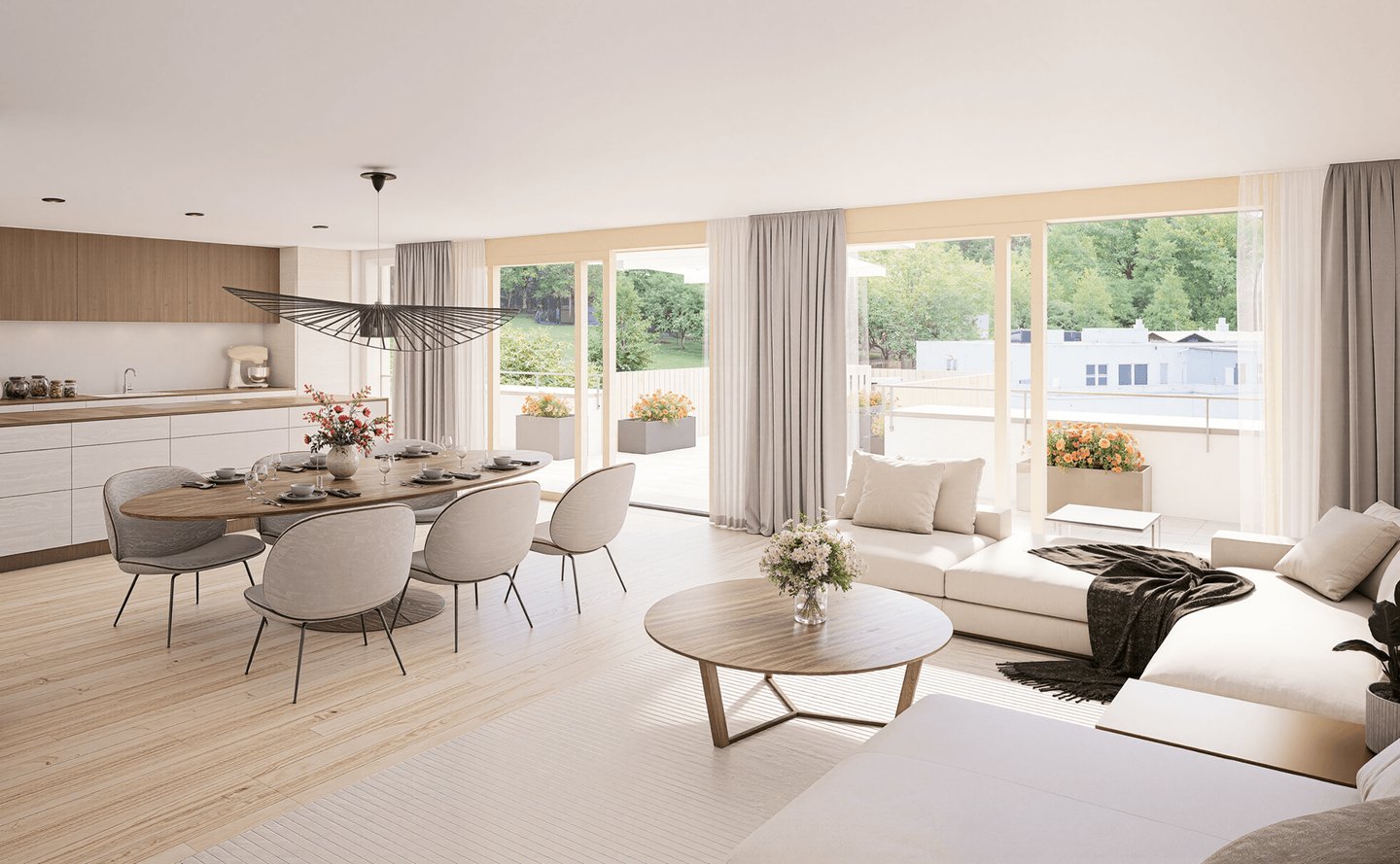 Visualisierung Attikawohnung mit Wohnzimmer, Küche und Blick auf Terrasse